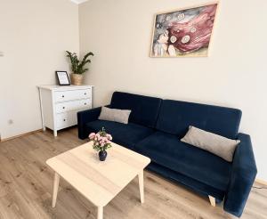 a living room with a blue couch and a table at Apartament Akacja CENTRUM in Rzeszów