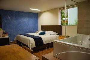 アレキパにあるRefugio Ecológico Arequipaのベッドルーム(ベッド1台、バスタブ付)