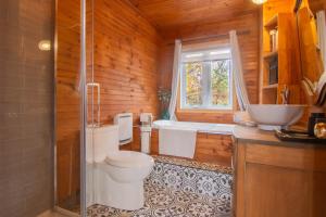 a bathroom with a toilet and a sink and a tub at Vacances Magiques Chalet Skadi Paix Nature in Saint-Justin