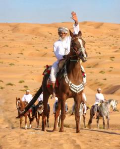 un hombre montando un caballo en el desierto en Remal Chalet, en Badīyah