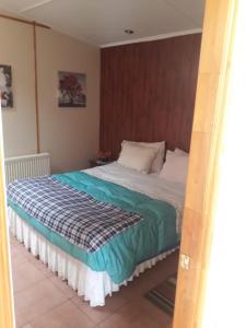 une chambre avec un grand lit avec une couverture bleue dans l'établissement Apartamento 1, à Punta Arenas