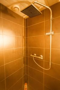 a bathroom with a shower with a shower head at The Forest Chalet - Private forest and absolute calm in Plainfaing