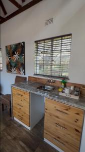 Una cocina con encimera con fregadero y ventana. en Madeley House Unit 4 near Oliver Tambo Airport, en Boksburg