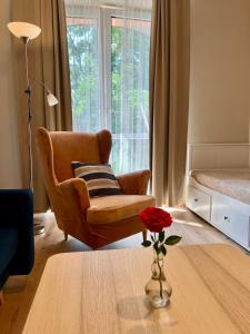 a living room with a chair and a table at Apartament Akacja CENTRUM in Rzeszów