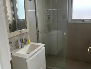 a bathroom with a shower and a sink and a mirror at Ecos del Mar in Comodoro Rivadavia