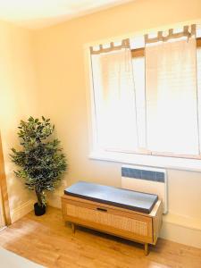 un banco en una habitación con una ventana y una planta en cosy studio dans une maison d'hôte, en Bourg-en-Bresse