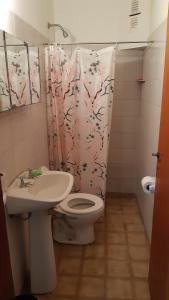 a bathroom with a toilet and a sink and a shower curtain at Sil-Cris-Mar in Carhué