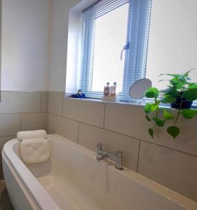 MartonにあるBright, Stylish 1 KS Bed Bungalow with Private Gardenのバスルーム(バスタブ付)、窓、植物が備わります。