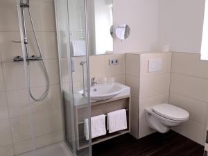 a bathroom with a shower and a toilet and a sink at Hotel Concordia in Euskirchen