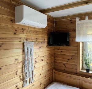 a room with wooden walls and a television and a chandelier at Domek pod Kamieńcem in Odrzykoń