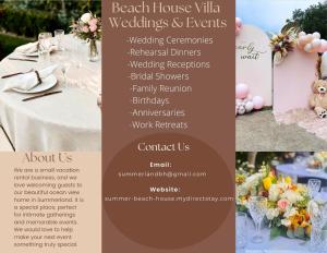 サマーランドにあるSummer Beach Houseの花が飾られたテーブルのある結婚披露宴のチラシ