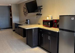 a kitchen with a counter with a microwave and a refrigerator at Twin Lakes Inn & RV Park in Stigler