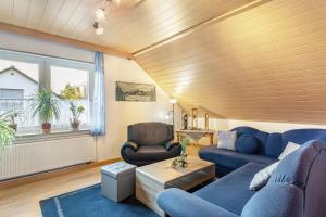 a living room with blue furniture and a window at Ferienwohnung Desmecke in Olsberg