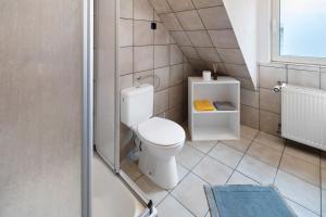 a small bathroom with a toilet and a window at Vogelsberger Bett die 2 in Alsfeld