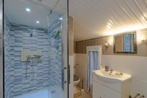 Un baño con ducha, inodoro y lavabo. en Les pouges, en Saint-Avit-Saint-Nazaire