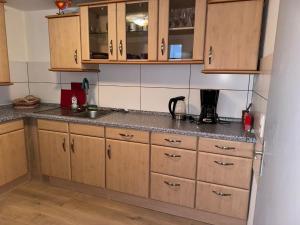 una cucina con mobili in legno e un lavello di Schöneberger Bauernhof - Hühnerhaus a Schöneberg