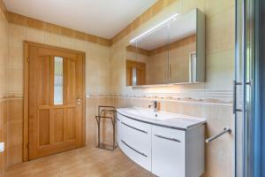 a bathroom with a sink and a mirror at Ferienhaus Jasmin in Neuruppin +41 photos