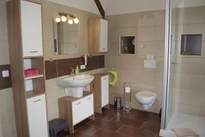 une salle de bain avec un lavabo et des toilettes dans l'établissement Ferienwohnung Naturblick, à Albersdorf 18 autres photos