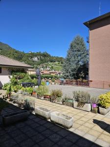 a garden with a bunch of plants on a sidewalk at Riverside San Pellegrino in San Pellegrino Terme