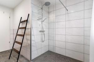 a shower with a ladder in a bathroom at Fewo im Eichengrund in Rheinhausen +44 photos