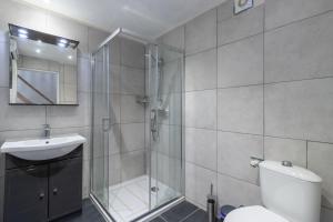 a bathroom with a shower and a toilet and a sink at Gite La Grange - Perigord Vert in Saint-Martial-dʼAlbarède +19 photos