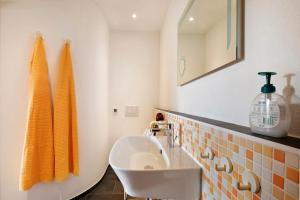 a bathroom with a sink and a mirror at Birkethof Fernblick in Grimoldsried +23 photos