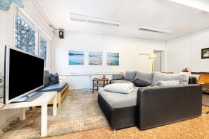 a living room with a couch and a flat screen tv at Wohncontainer Derdak in Boizenburg