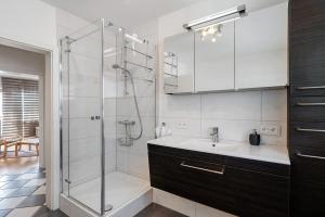 un baño con lavabo y ducha en Am Storchennest, en Neustadt an der Weinstraße 21 fotos más