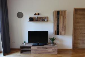 a living room with a television on a wooden cabinet at Ferienwohnung Oberpfälzer Wald in Vohenstrauß