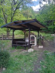 Un refugio para picnic con una estufa en un campo en Glamping C Selva Tenda Castagno, en Piano Porlezza 5 fotos más