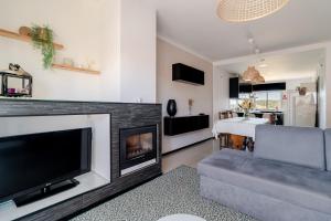 a living room with a television and a fireplace at Casa dos Pirulitos in Apúlia