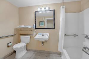 a bathroom with a toilet and a sink and a mirror at Stylish King Apt w Arcade Game & BBQ Near Disney in Orlando +8 photos