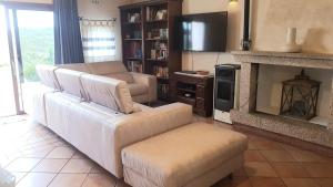 ein Wohnzimmer mit Couch und Kamin in der Unterkunft Sun House Appartamento Vista Mare in Cannigione