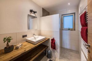 a bathroom with a sink and a mirror at Ferienwohnung am Mühlbachl in Rohrberg +18 photos