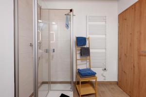 a shower in a bathroom with a glass shower stall at Ferienwohnung Junge 1 in Lohe-Rickelshof +25 photos