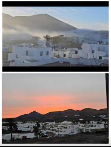 zwei Bilder einer Stadt mit einem Sonnenuntergang am Himmel in der Unterkunft Tranquilidad entre volcanes in Uga