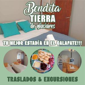 a collage of photos of a hotel room with a bed and a plate at Hotel Cabañas Aparts Tierra de Glaciares in El Calafate