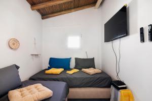 a bedroom with a bed and a flat screen tv at Casa Gotinha d' Água in Alcaria Ruiva