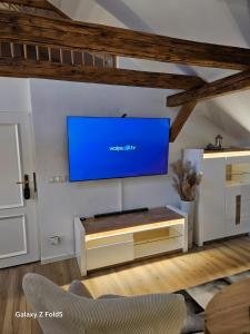 a living room with a large tv on a wall at Ferienwohnung am Dom 2 in Erfurt