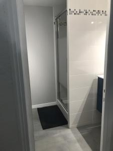 a shower with a glass door in a bathroom at Appartement T3 in Embrun +8 photos