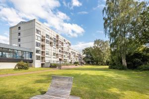 シュタインフーデにあるSteuermann am Steinhuder Meerの建物前の芝生のベンチ
