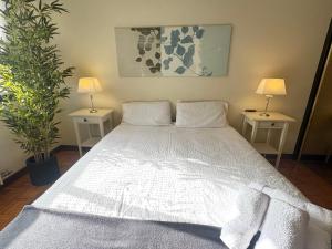 ein Schlafzimmer mit einem weißen Bett und zwei Nachttischen in der Unterkunft 4U Luminoso Apartamento en el centro Aire y ascensor in Logroño