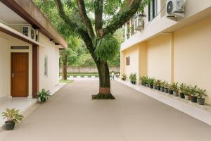 a courtyard with a tree in the middle of a building at RedDoorz at Hotel Galuh Putra Pangandaran in Pangandaran