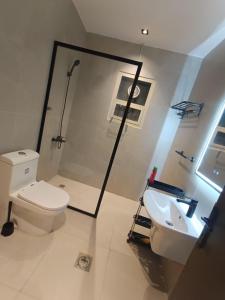 a bathroom with a toilet and a shower and a sink at Spacious apartment next to the financial towers B10 in Quai