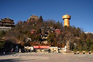 a flock of birds in a park with a tower at The Peak Living in Shangri-La