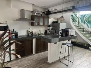 eine Küche mit Arbeitsplatte und Kühlschrank in der Unterkunft La Selva Hostel in Mexiko-Stadt