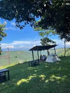 Un refugio para picnic con una tienda de campaña en el césped en Thrill Playgrounds & Tipi Cafe, en Libona