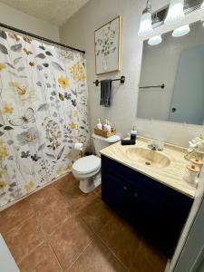 a bathroom with a sink and a toilet and a shower curtain at Charming Midwest 3 Bedrooms 2 Bathrooms in Altus