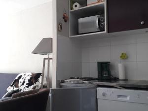 eine Küche mit Herd und Mikrowelle in der Unterkunft Studio charmant avec terrasse et parking au Praz de Lys - FR-1-815-19 in Le Praz de Lys