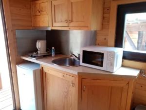 a small kitchen with a sink and a microwave at Roulotte Insolite avec Bain Nordique Privé à La Flèche - FR-1-410-485 in Saint-Germain-du-Val
